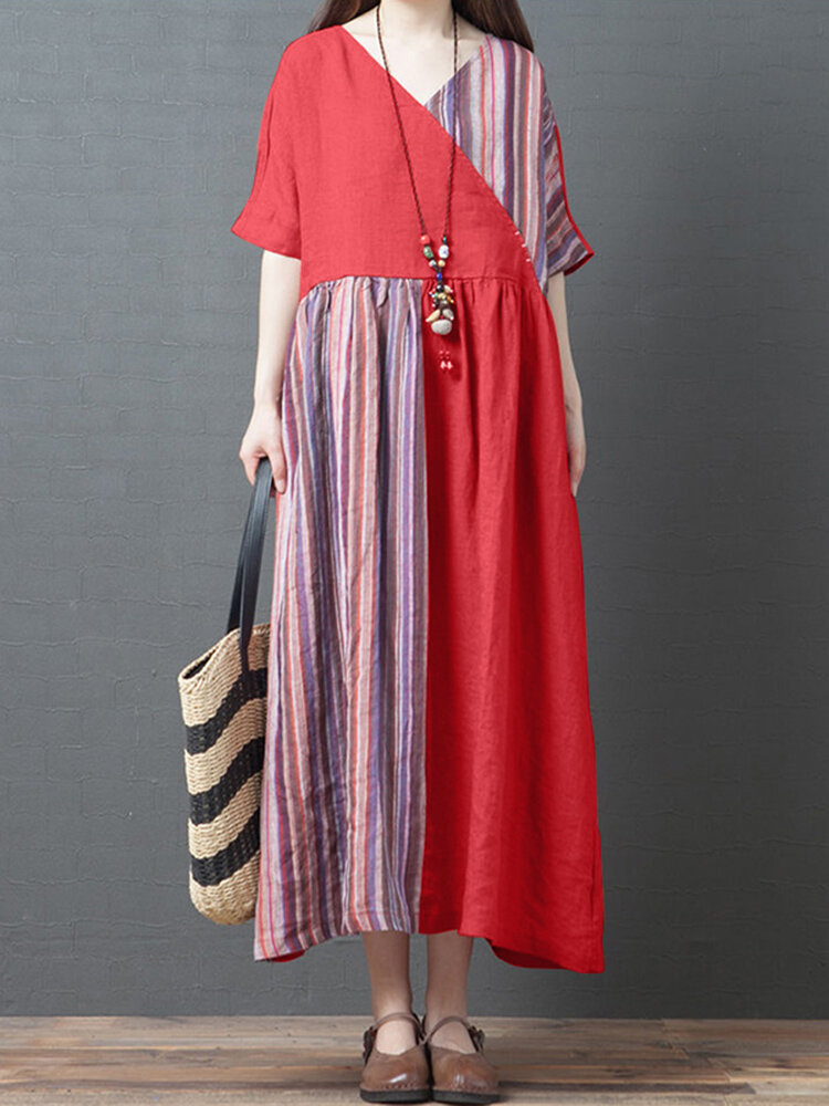 Gestreepte patchwork V-hals, halve mouw, vintage maxi-jurk