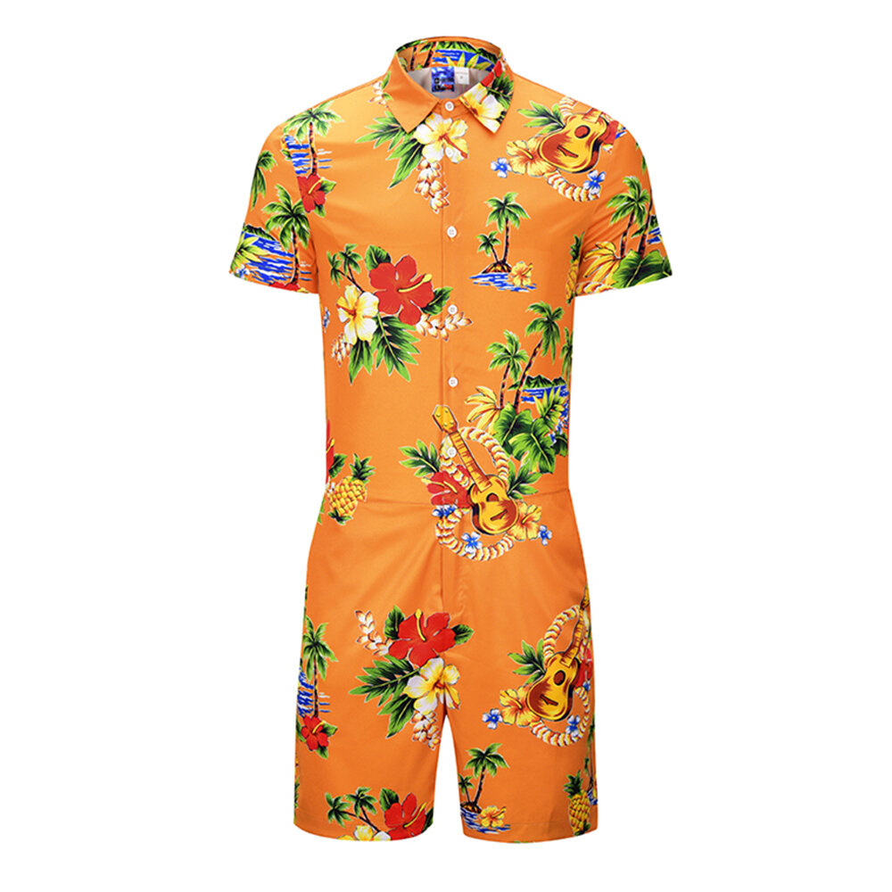 Mens floral dragon pattern printing ethnic style rompers set overalls ...