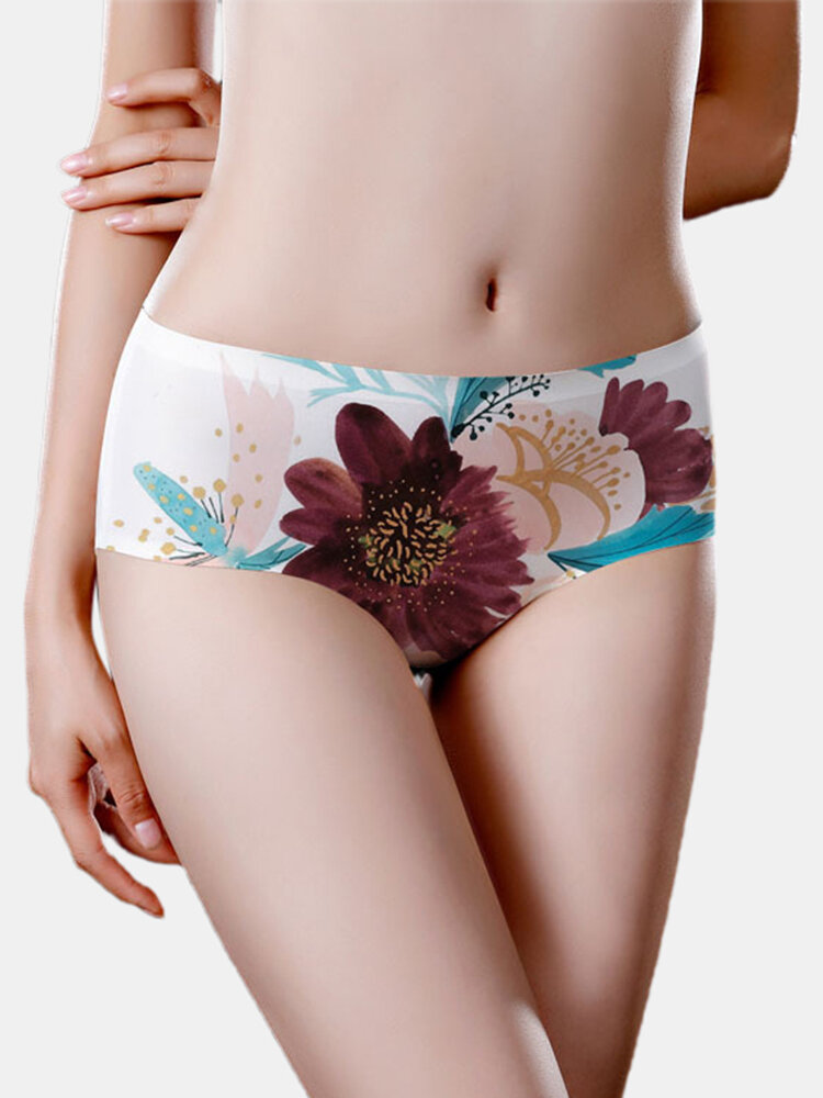 

Women Floral Print Seamless Cotton Lining Soft Full Hip Mid Waisted Panties