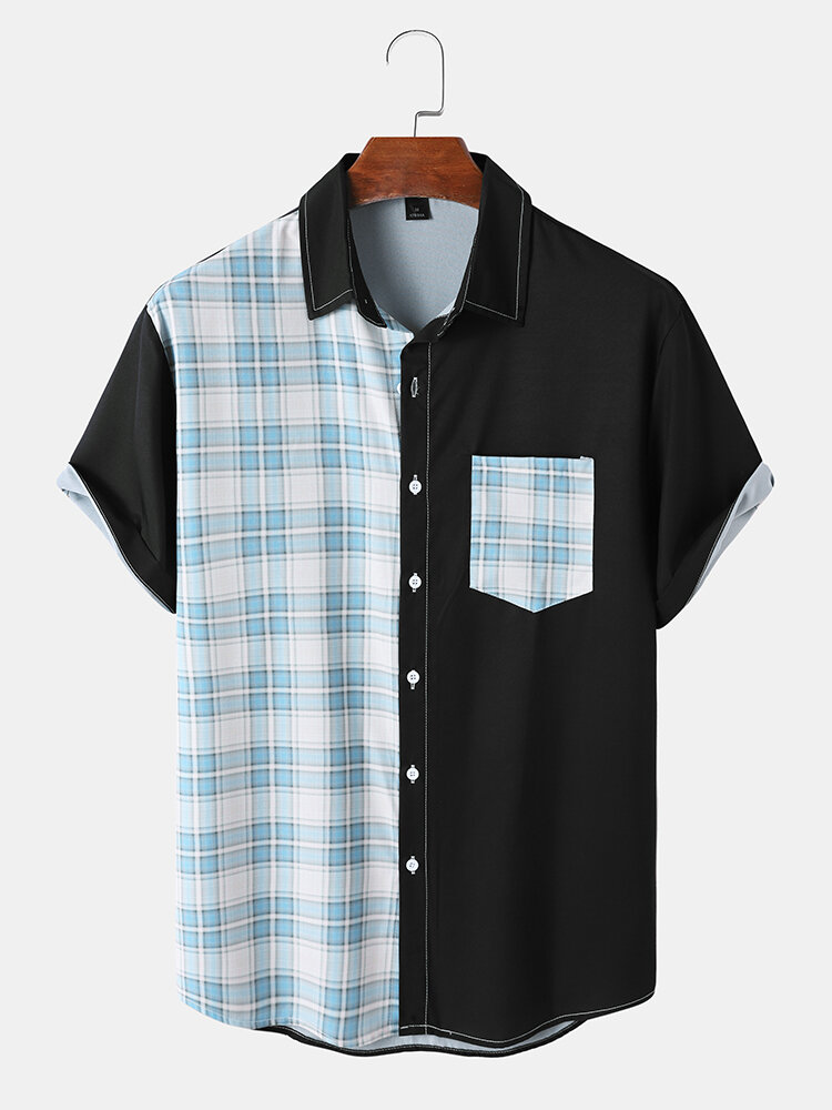 Heren Boerenbont patchwork Single Pocket Reverskraag Overhemden met gebogen zoom