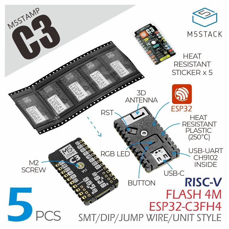 5PCS M5Stack? M5Stamp C3 ESP32 Development Board WiFi+Bluetooth Ultra-Low Power ESP32-C3 RISC-V MCU