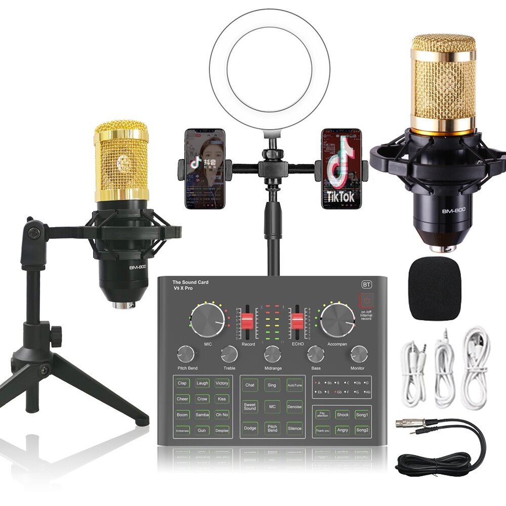 

LEORY V9X PRO Ring Fill Light with Dual Phone Clip Holder Professional Sound Card Recording Condenser Microphone kit