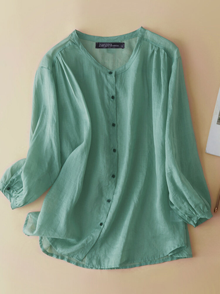 Solid Long Sleeve V-neck Casual Button Front Blouse