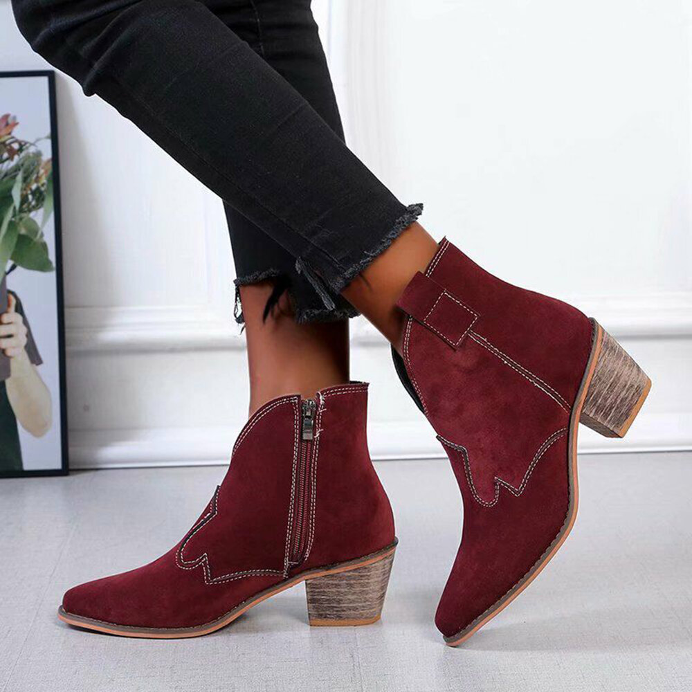 51% OFF on Plus Size Women Suede Pointed Toe V-cut Chunky Heel Ankle Boots