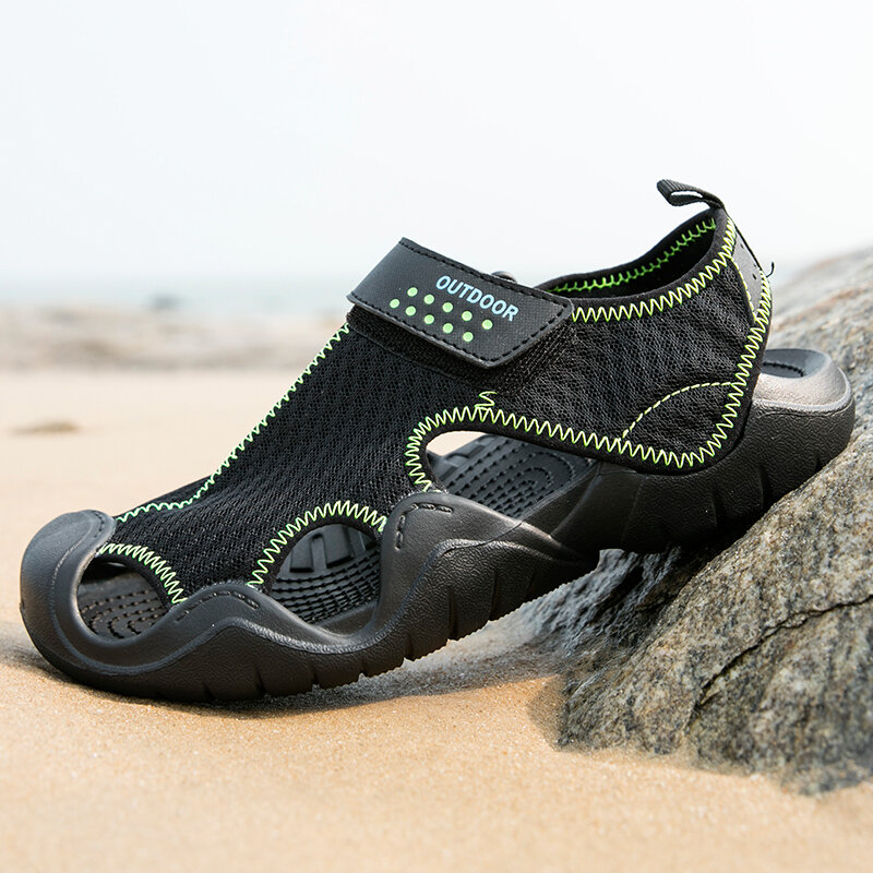 Men Mesh Fabric Non Slip Hook Loop Closed Toe Casual Beach Sandals
