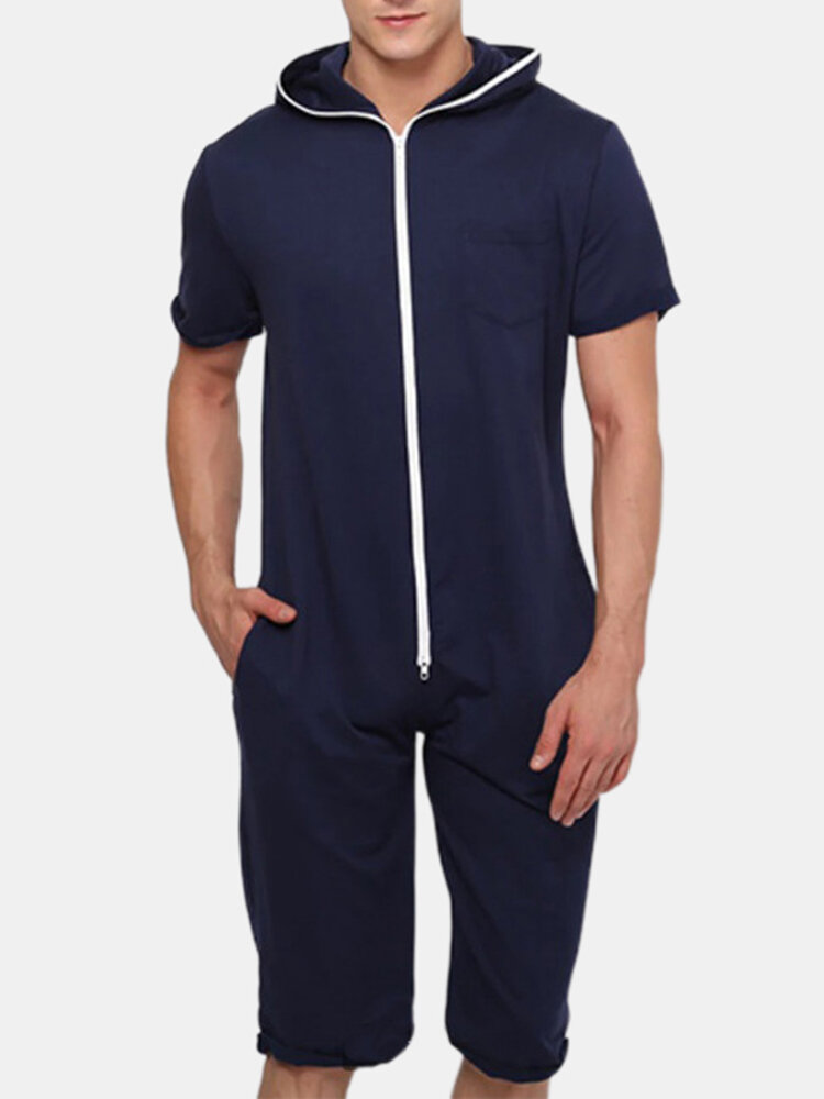 Image of Herren Solid Color Hooded Pocket Kurzarm Home Jumpsuit Zipper Nachtwsche
