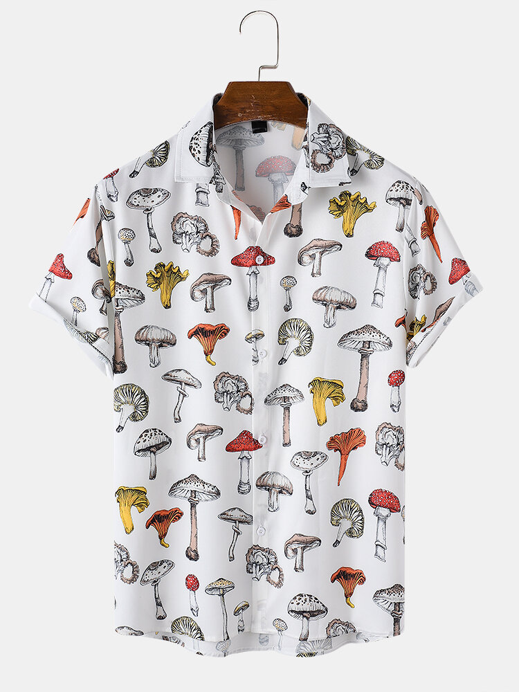 

Mens Mushroom Pattern Print Lapel Community Spirit Short Sleeve Shirt