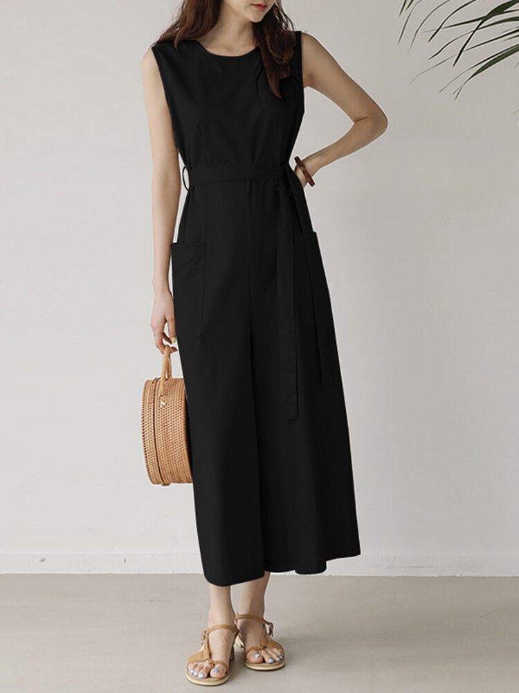Solid Pocket Knotted Sleeveless Round Neck Casual Jumpsuit