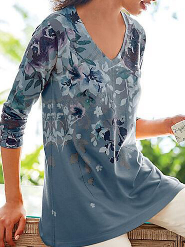 Casual Women Floral Print V-Neck Long Sleeve Blouses