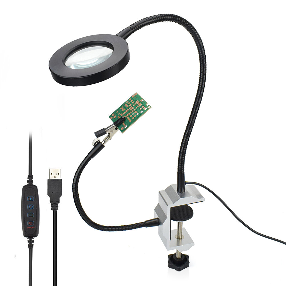 

USB LED 3X Magnifier Table Clamp Soldering Helping Hand Soldering Station 2pc Flexible Arms Third Hand Tool