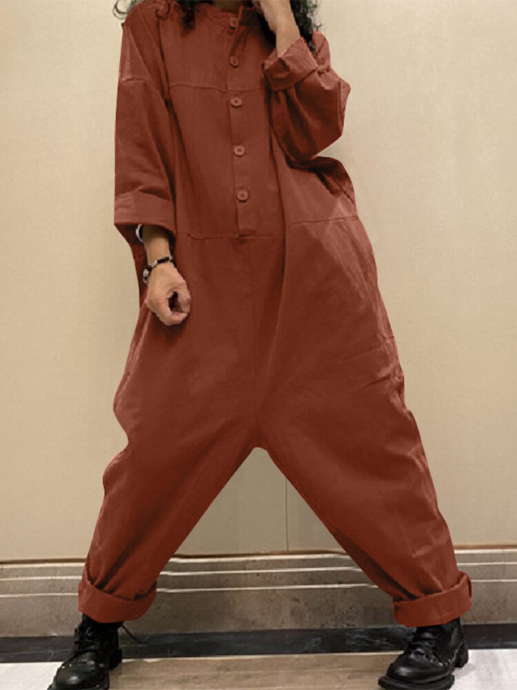 

Women Corduroy Solid Color Half Button Long Sleeve Vintage Casual Cargo Jumpsuit With Pocket