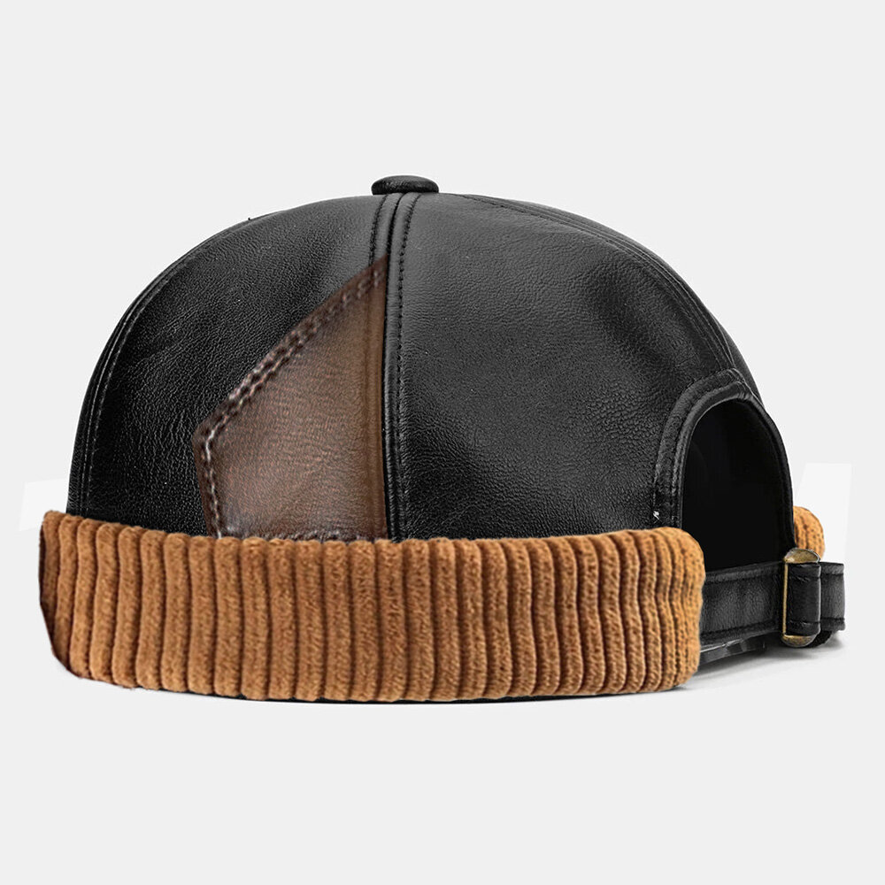 

Men Corduroy PU Leather Patchwork Stitching Adjustable Skull Cap Winter Cool Protection Warm Breathable Beanie Landlord
