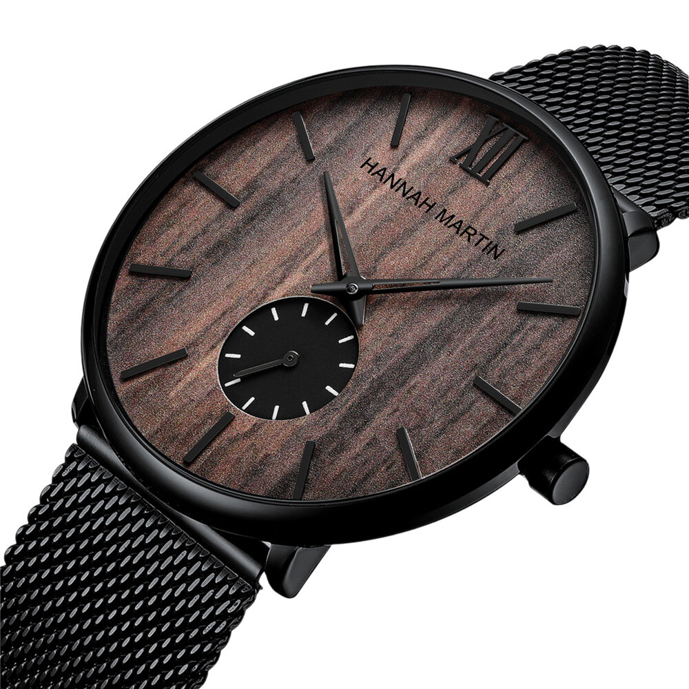 Ultra dunne heren zakelijke horloge ebbenhoutnerf bamboe hout wijzerplaat waterdicht roestvrij stale