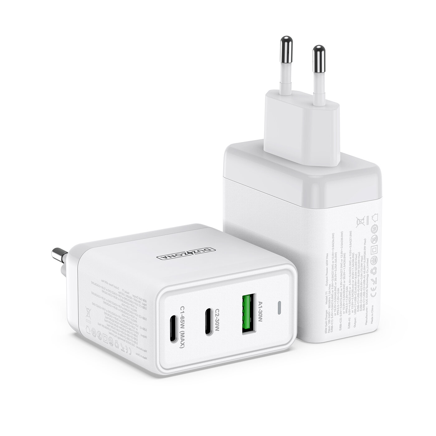 DUX DUCIS 3-Port PD 65W GaN Fast Charger 65W USB-C PD3.0 & Dual 30W QC3.0 PD3.0 Supports PPS/FCP/SCP/AFC Fast Charging W
