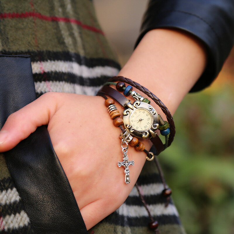 

Винтажные часы с браслетом из воловьей кожи, вышитый бисером крест, Кулон Кожаный браслет, браслет для часов, браслет
