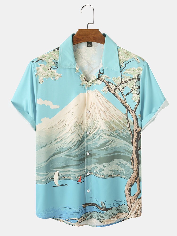 Heren casual overhemden met bergpatroon en landschapsprint met korte mouwen