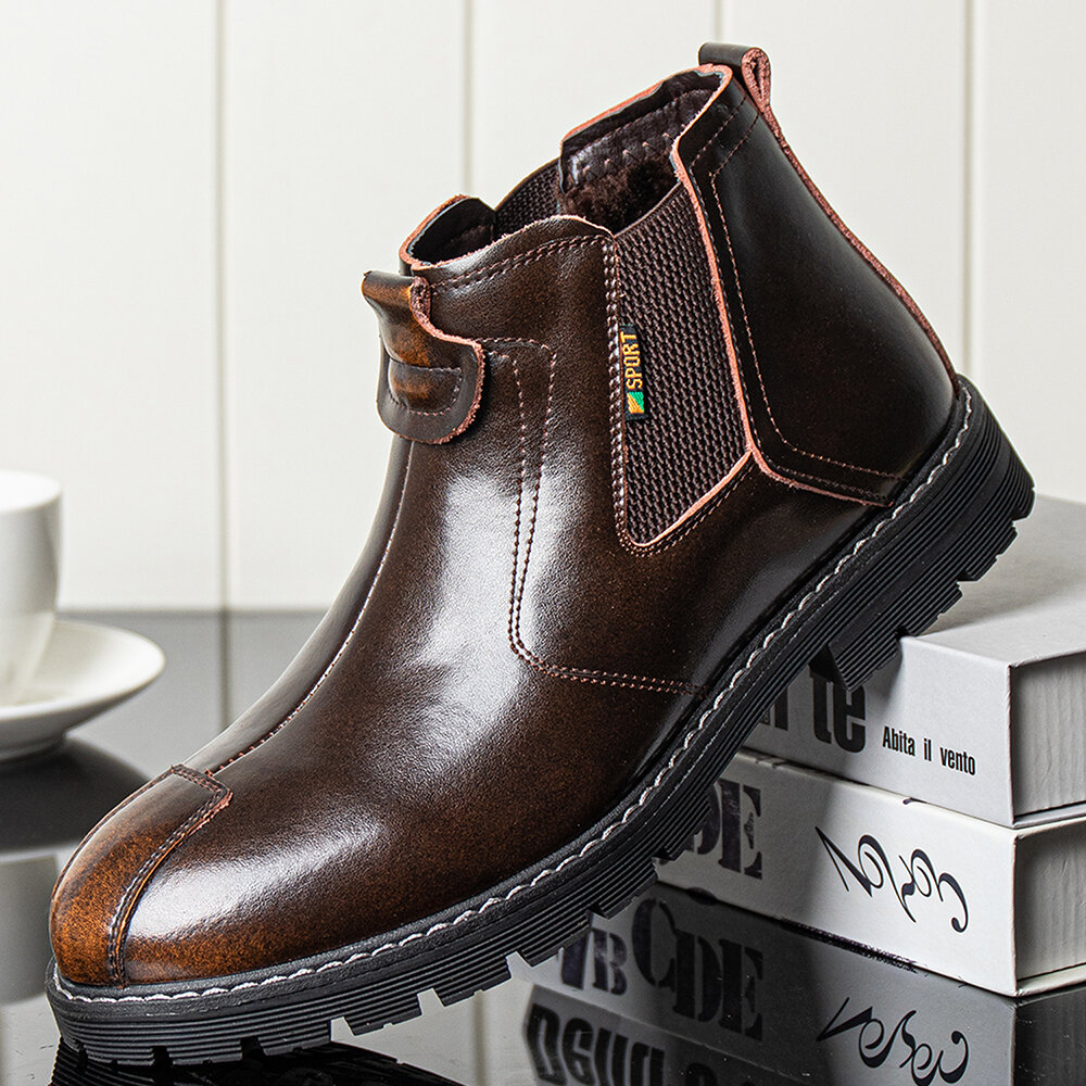 Men Genuine Leather Slip-On Slip Resistant Plus Velvet Warm Chelsea Boots Martin Boots