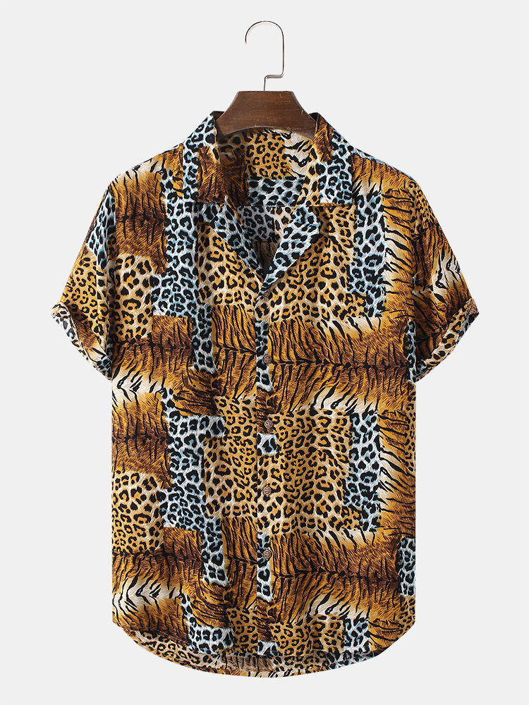 Heren Leopard Tiger Pattern Revere Collar Shirt met korte mouwen