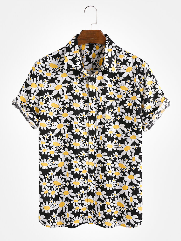 

Cotton Daisy Splash Floral Printing Patch Pocket Breathable Casual Holiday Shirts
