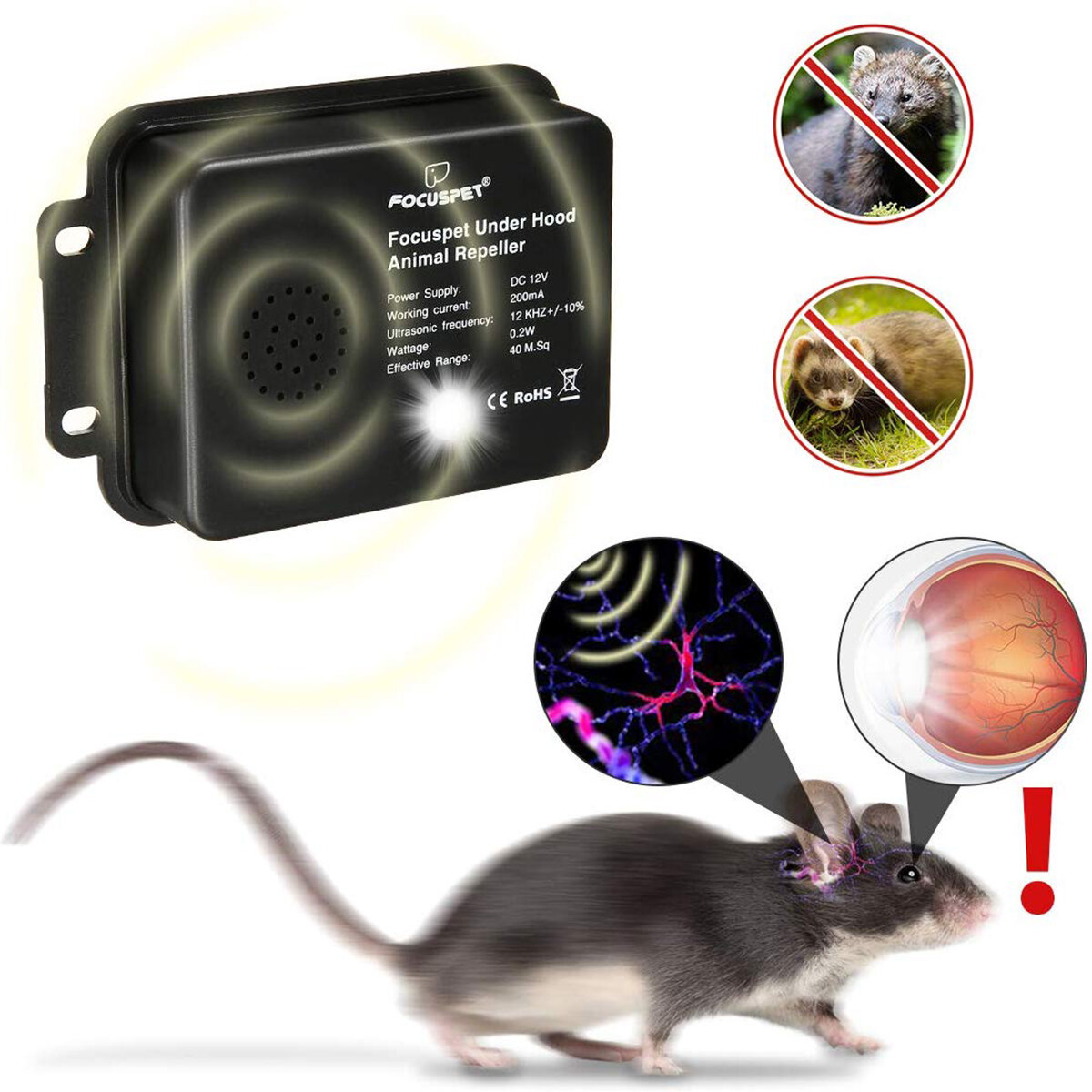 Focuspet Ultrasonic Mouse Repeller Garage Car Under Hood Rat Rodent Pest Animal Deterrent
