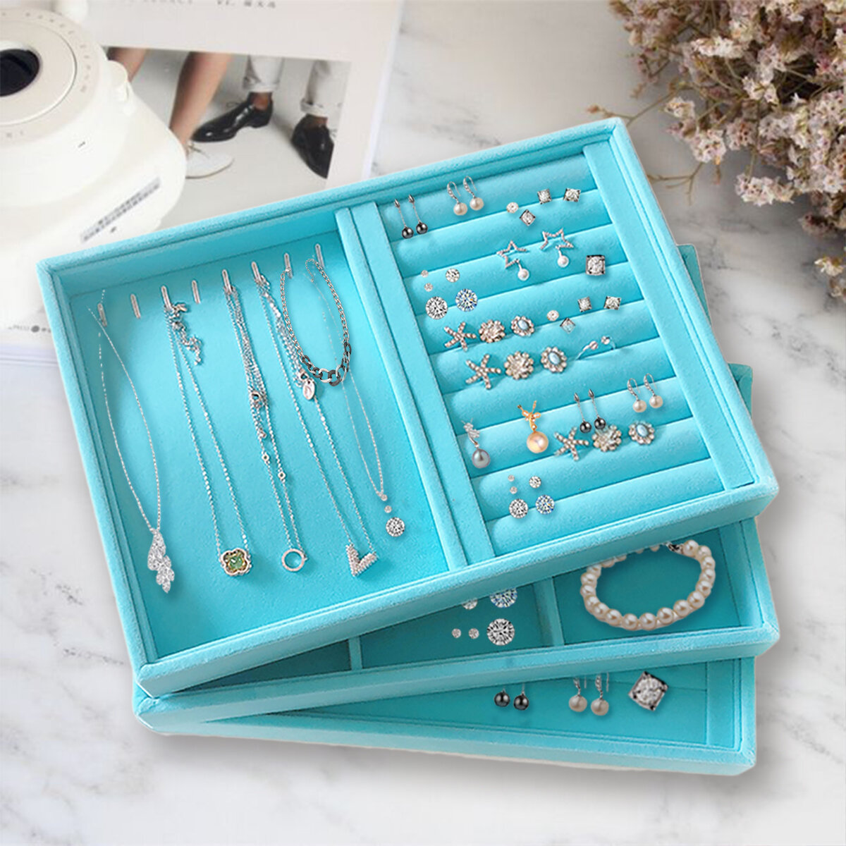 Blue Plush Jewelry Plaid Storage Box Jewelry Ring Earrings Earrings Bracelet Storage Tray Jewelry Di