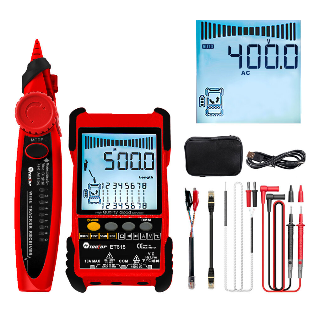 TOOLTOP Large LCD Screen Network Cable Tester + Multimeter 2 in 1 400M/500M Network Cable Length Mea