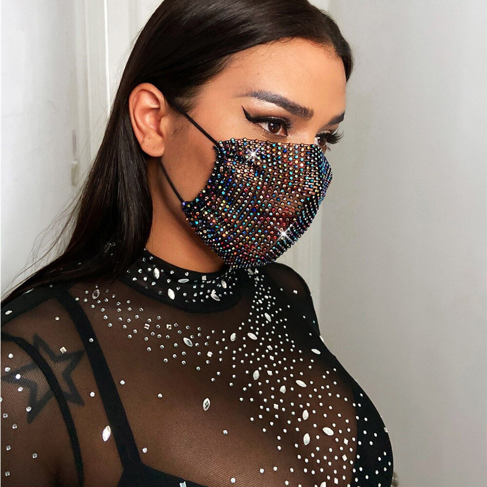Halloween Shiny Rhinestone Mask Decoration Face Accessories Face Cover for Women Wedding Nightclub Decoration