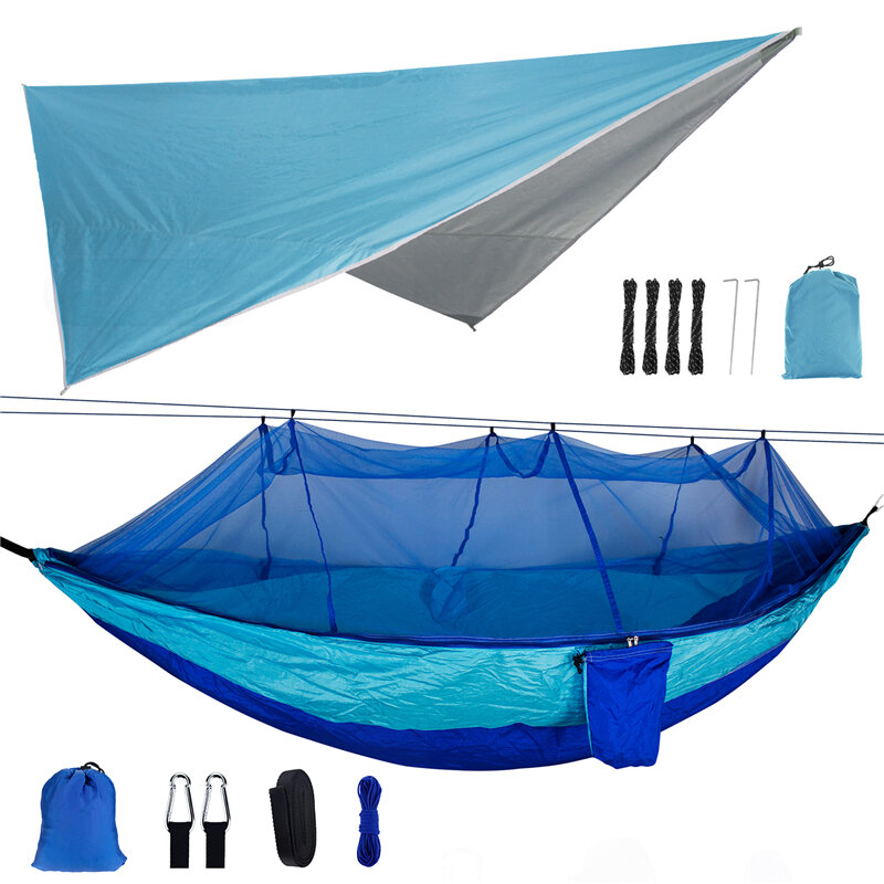 260x140cm Double Person Camping Hammock with Mosquito Net + 300x260cm Awning Outdoor Camping Travel 