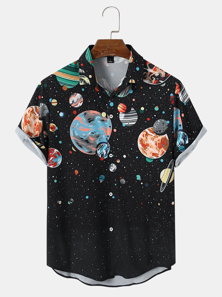 Men Galaxy Planet Print Black Lapel Shirts