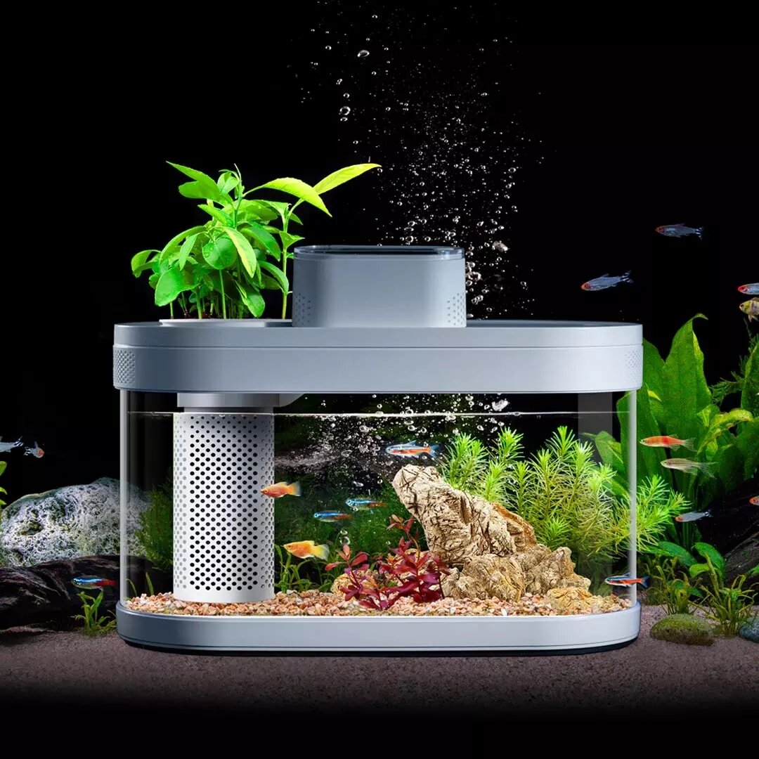 Descriptive Geometry Aquarium From Smart Feeder 7 Colors LED Light Self-Cleaning High Efficiency Filtration Mini Aquariu