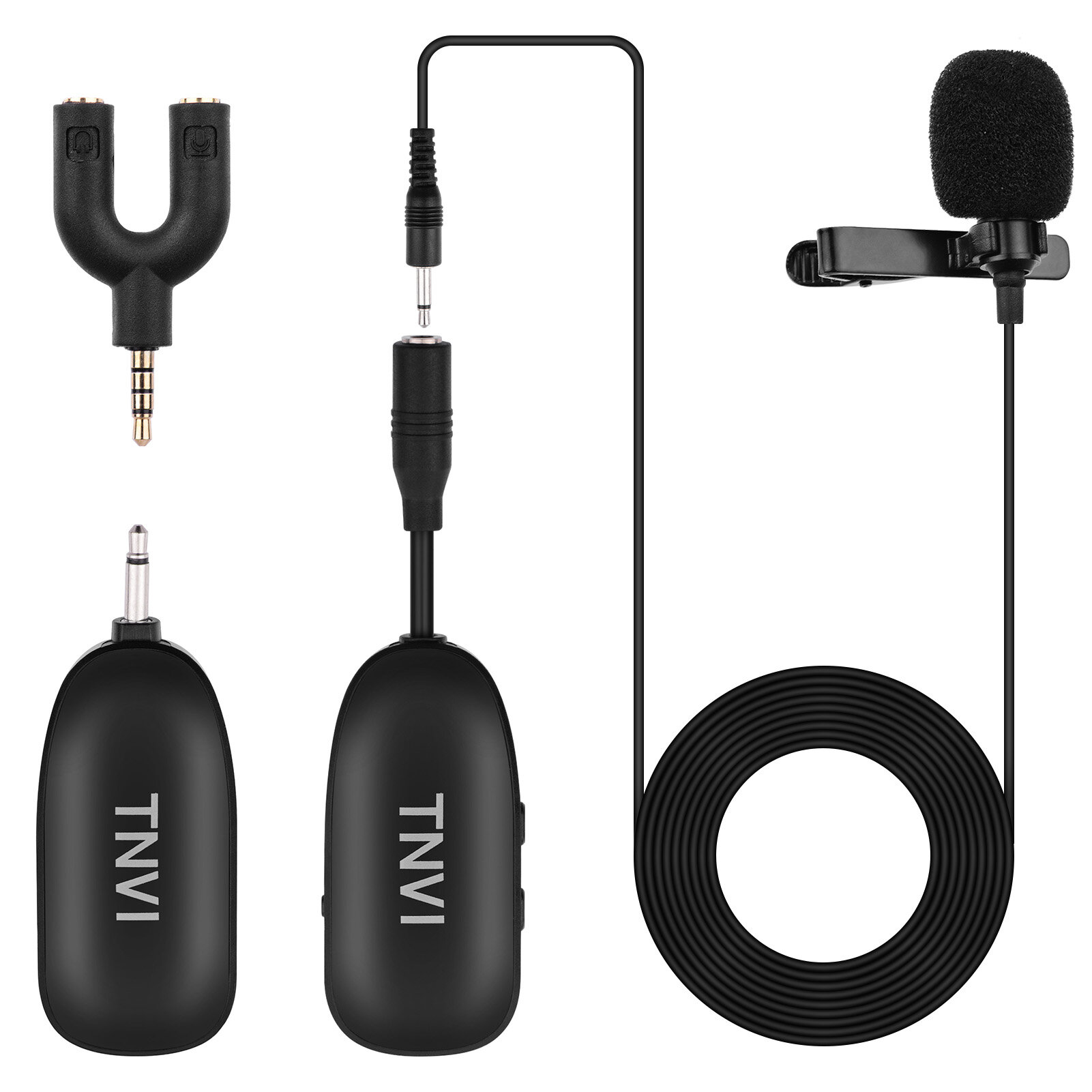 TNVI V1 2.4G Wireless Microphone System with Rechargeable Transmitter Reveiver Lapel Lavalier Microphone for Smartphone