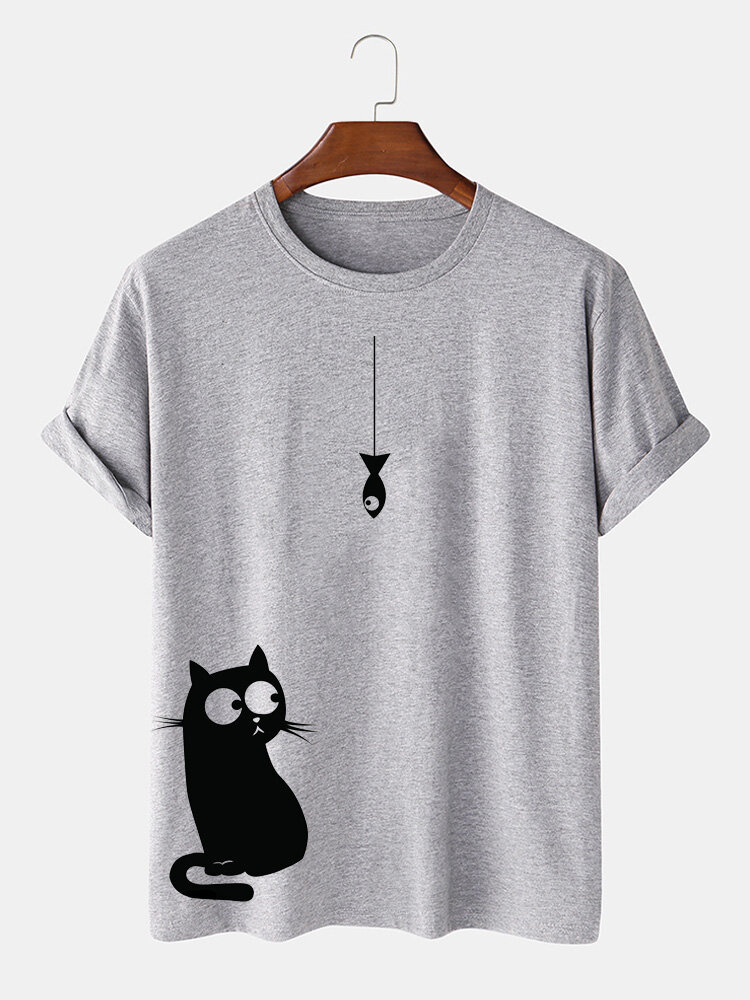 100% Cotton Cartoon Cat Print Round Loose Neck Short Sleeve T-Shirts