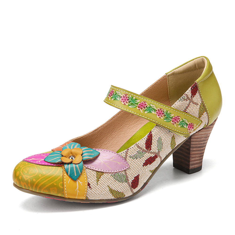 56% OFF on SOCOFY Elegant Flowers Decor Foliage Cloth Stitching Printed Cowhide Leather Comfy Mary Jane Pumps