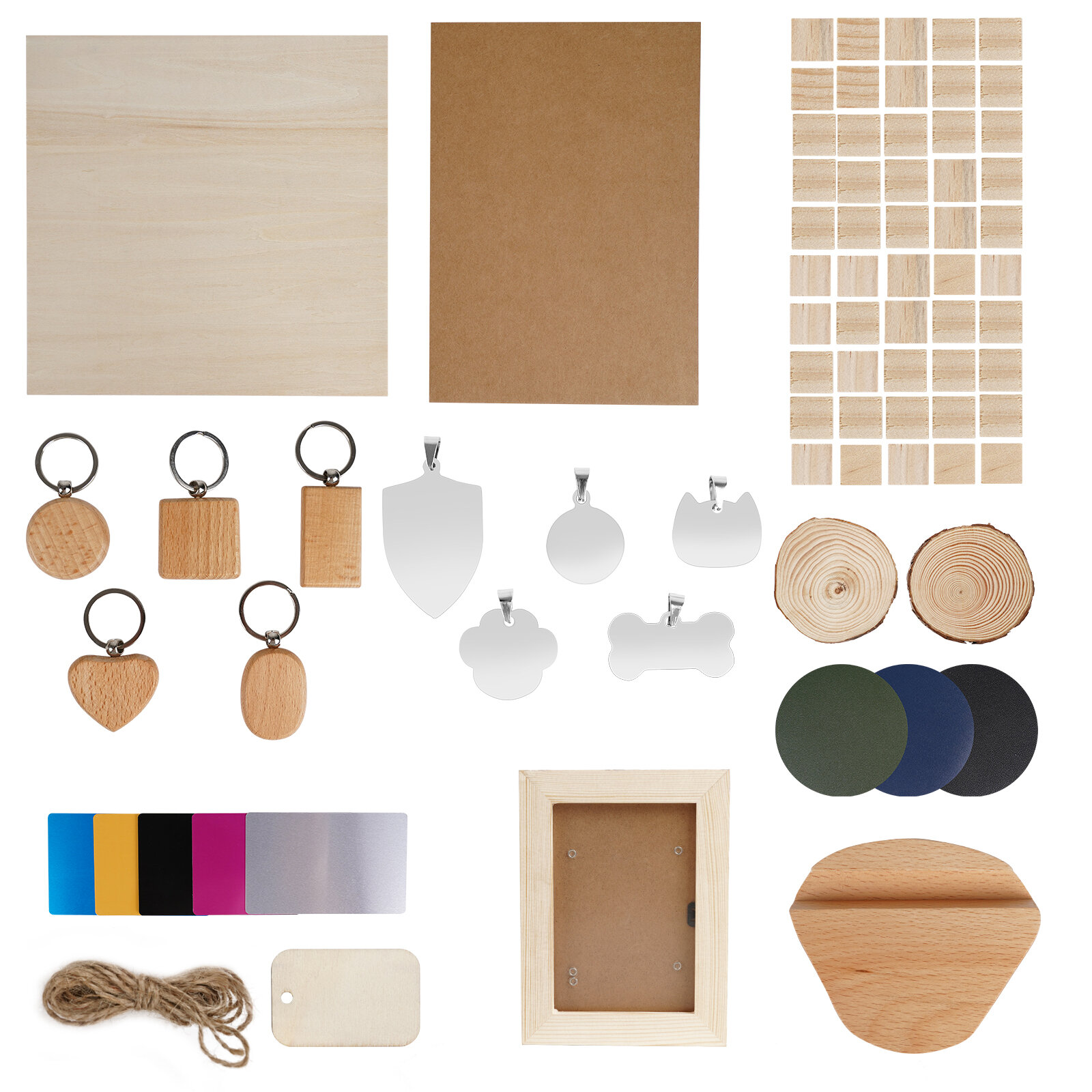 TWOTREES Laser Engraving Materials Pack Wood/Leather/Stainless Stain/Kraft cardboard for Laser Engraving Laser Cutting