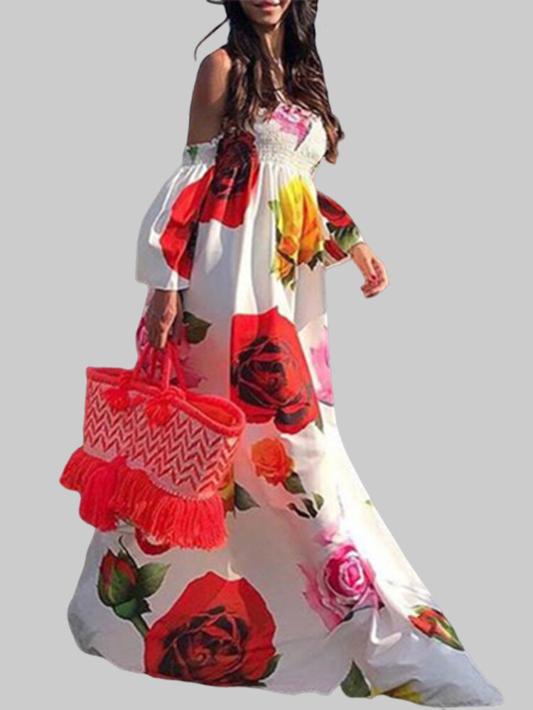 Off-shoulder bloemenprint elastische zomer strand lange maxi jurk