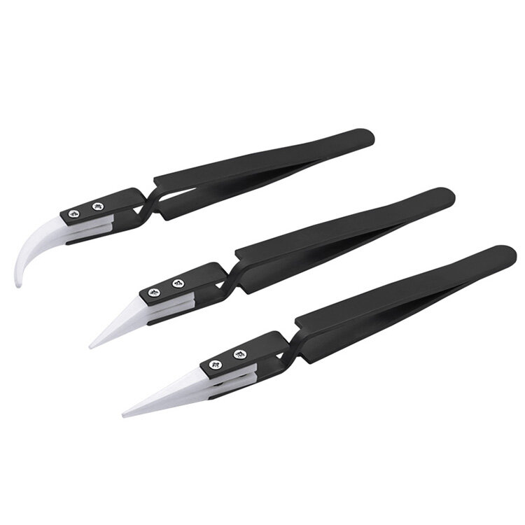 

3PCS Anti-Static Reverse Ceramic Tweezers Stainless Steel Electronic CIigarette Heat Resistant Conductive Curved Straigh