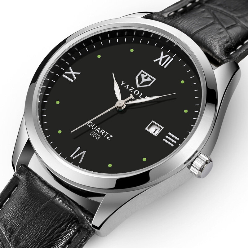 

Yazole 553 Business Casual Luminous Pointer with Calendar Dial PU Leather 3ATM Waterproof Men Quartz Watch Wristwatch