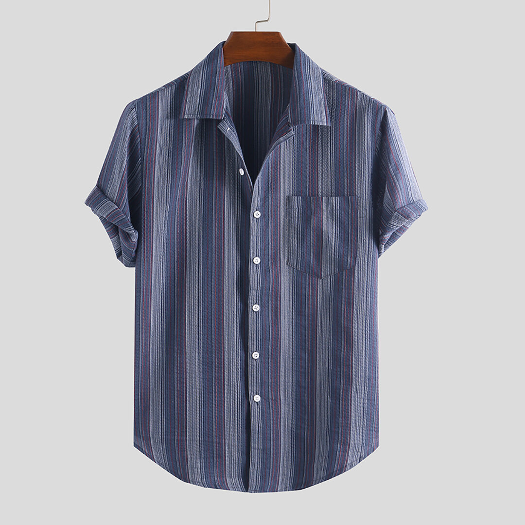 Men cotton vertical stripe short sleeve shirts Sale - Banggood.com