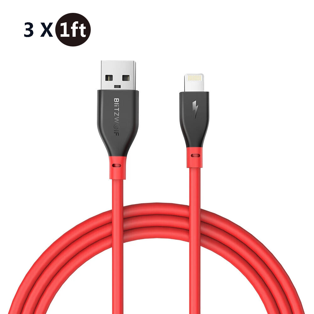 

[3 Pack] BlitzWolf® BW-MF11 2.4A USB to Apple Port Cable With MFi Certified 0.3m/1ft Charger Cable Data Transfer Cord Fo