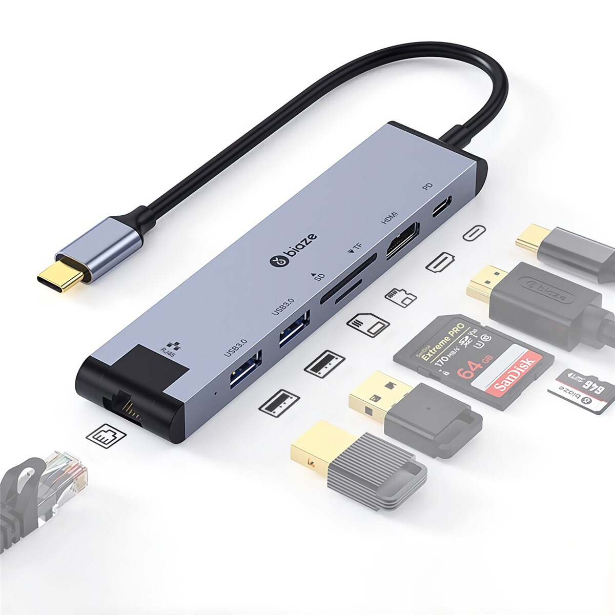 Biaze R48 7-in-1 Type-C Dockingstation USB3.0 Hub USB-C naar HDMI-compatibele 4K-converter TF / SD-k