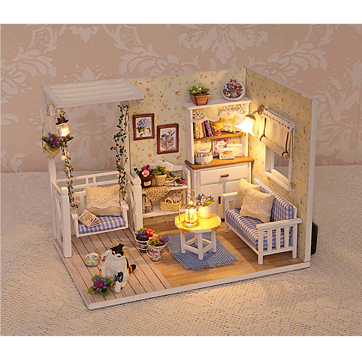 

1:24 Wooden DIY Handmade Assemble Doll House Miniature Furniture Kit Education Toy with Dust Proof Cover LED Light for C