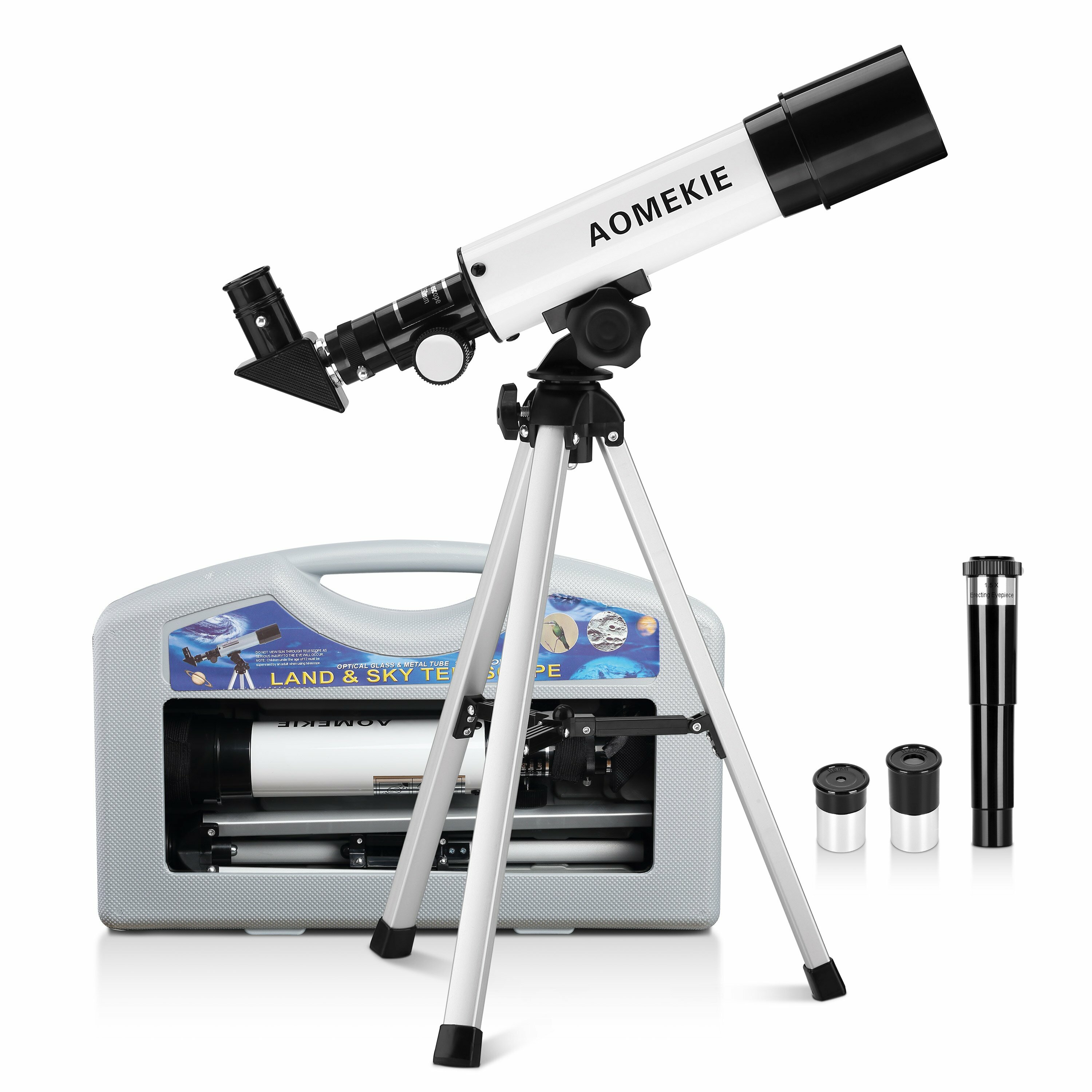 Télescope réfracteur AOMEKIE pour enfants 50/360mm pour débutants en astronomie avec étui de transport, trépied, oculaire redresseur