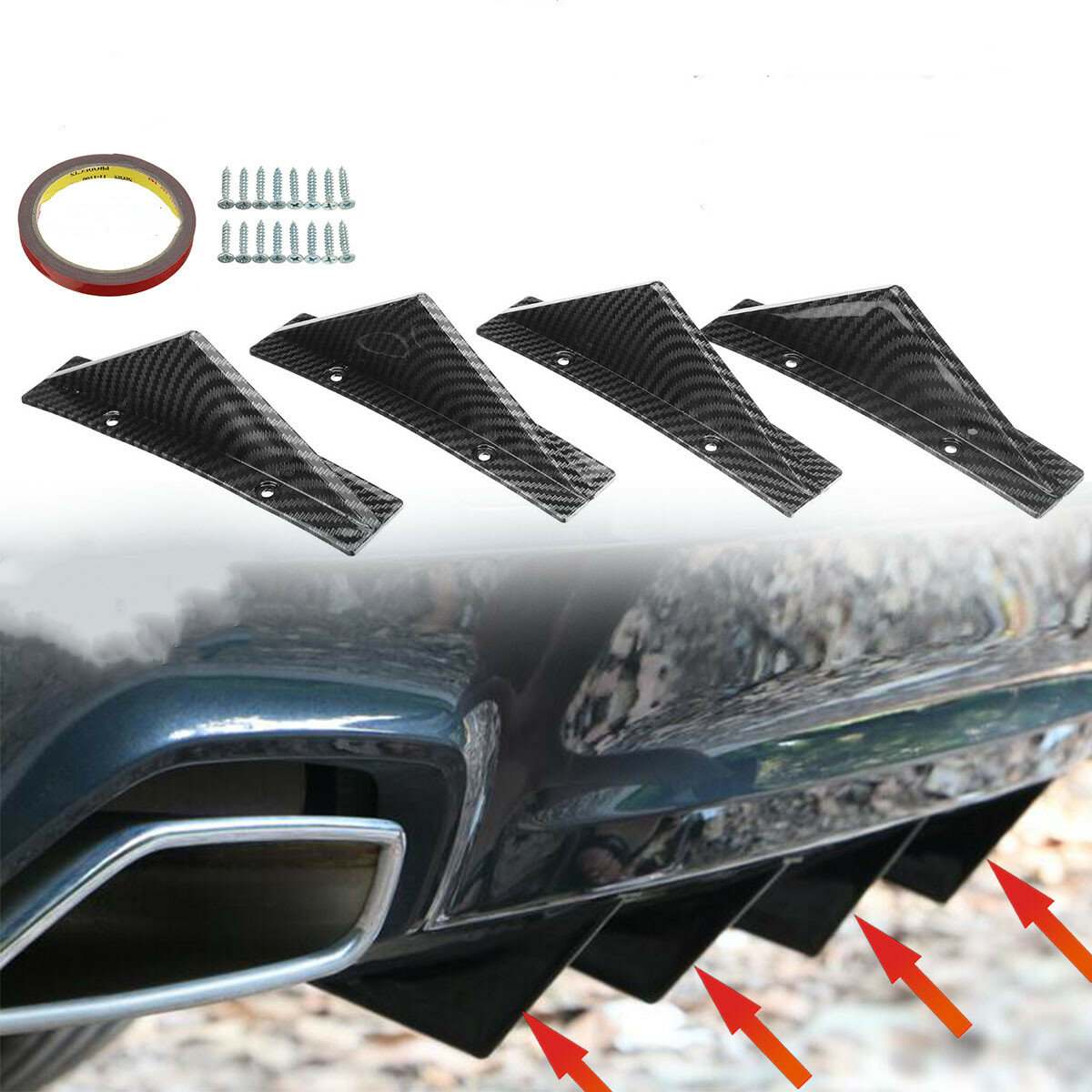 4PCS Car Universal Carbon Fiber Look Rear Bumper Lip Diffuser Shark Fins Trim Spoiler