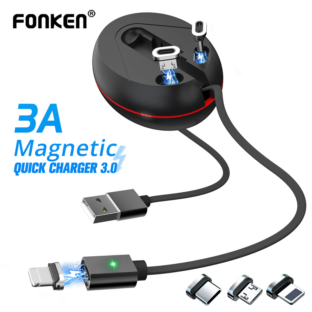 FONKEN Telescopic Magnetic 3 in 1 USB Type C Micro USB Data Cable for Samsung Galaxy S20 Ultra Huawei P40 OnePlus 8 ASUS ZenFone Max Pro（M1）ZB602KL