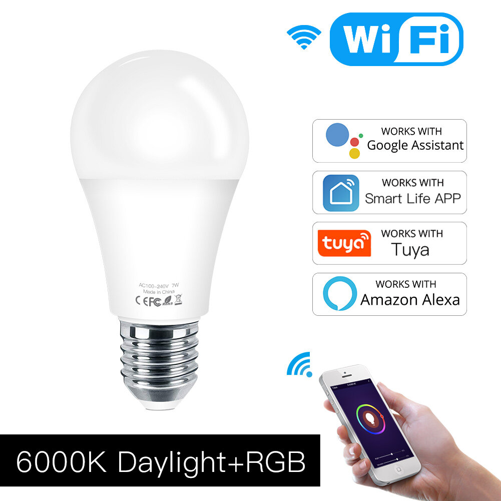 Moeshouse WB-J7-RC-E27 7W RGB+CW WiFi Smart LED Bulb Tuya App Lamp Work with Alexa Google Home AC100-250V