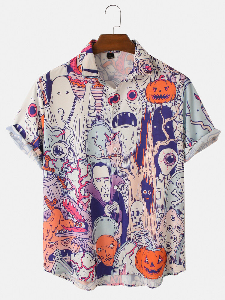 Mens Halloween Funny Animal Pumpkin Figure Print Loose Casual Short Sleeve Shirts