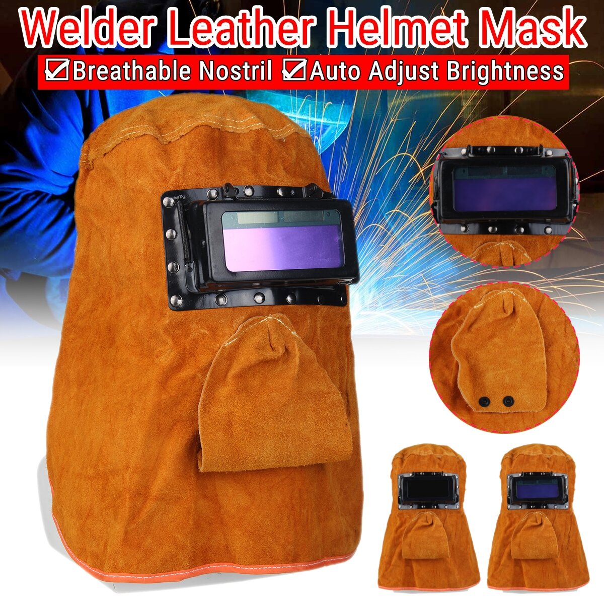 Solar Auto Darkening Filter Lens Welder Leather Hood Breathable Helmet Mask with Glasses