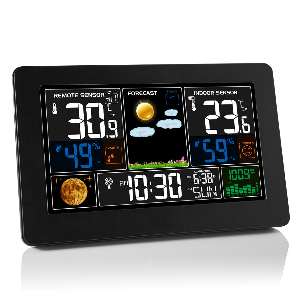Wireless Weather Station Clock Digital Indoor Temperature Humidity Meter Moon Phase Radio Signal Dispaly Barometer Weath