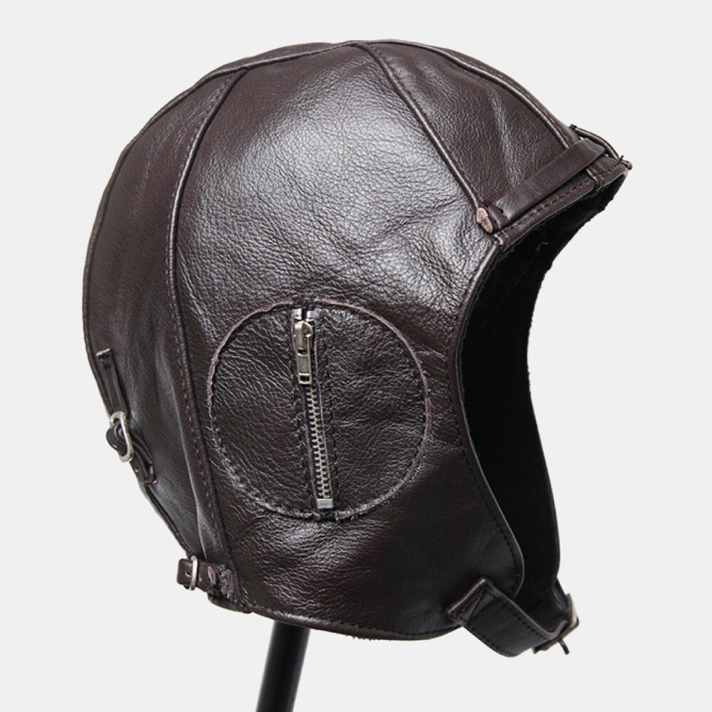 Men Genuine Leather Punk Retro Motorcycle Hat Windproof Ear Protection Pilot Hat