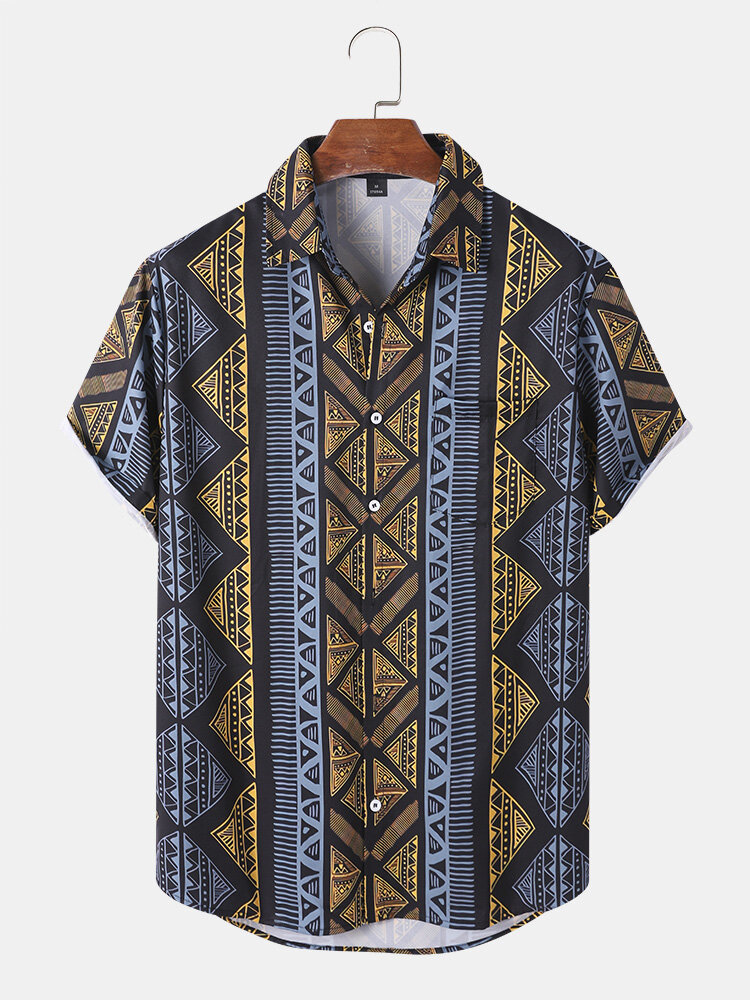 Heren Argyle Geometrisch Contrast Etnische Revers Knop Voorzijde Huidvriendelijke Casual Shirts